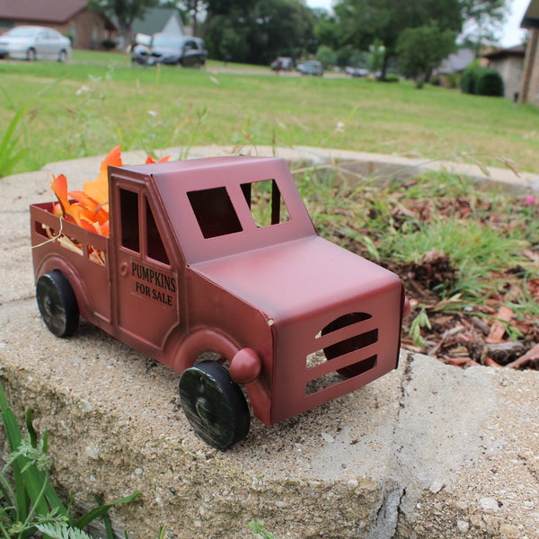 RED PUMPKIN TRUCK 10" PICKUP TRUCK METAL ART FIGURINE VINTAGE GARDEN ART WESTERN HOME DECOR HANDMADE  #EH12862