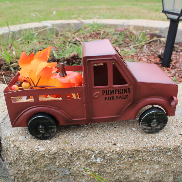 RED PUMPKIN TRUCK 10" PICKUP TRUCK METAL ART FIGURINE VINTAGE GARDEN ART WESTERN HOME DECOR HANDMADE  #EH12862