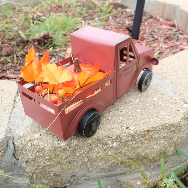 RED PUMPKIN TRUCK 10" PICKUP TRUCK METAL ART FIGURINE VINTAGE GARDEN ART WESTERN HOME DECOR HANDMADE  #EH12862