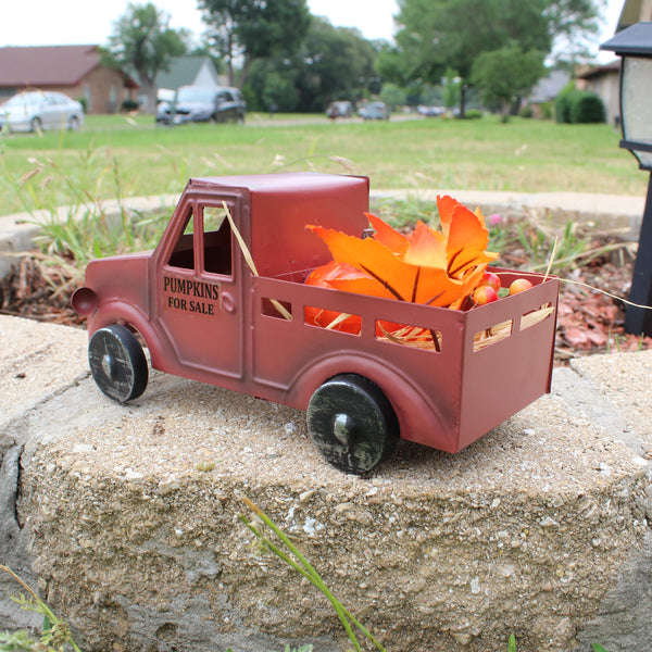 RED PUMPKIN TRUCK 10" PICKUP TRUCK METAL ART FIGURINE VINTAGE GARDEN ART WESTERN HOME DECOR HANDMADE  #EH12862