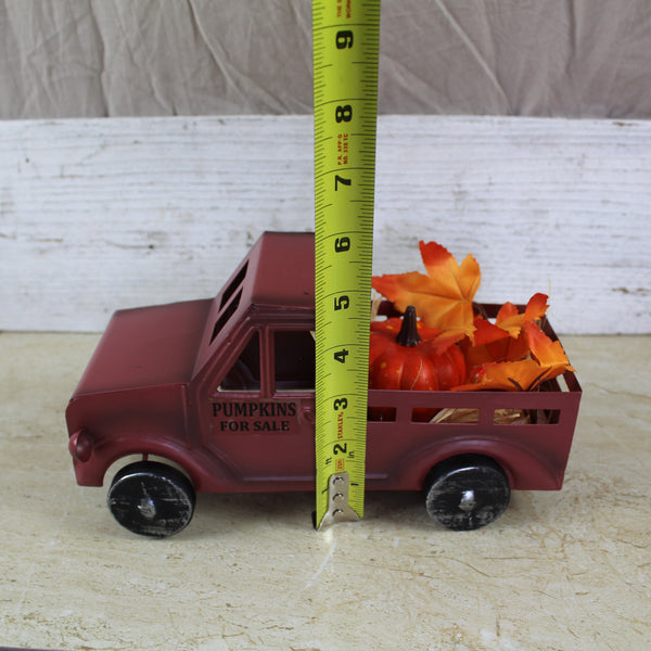 RED PUMPKIN TRUCK 10" PICKUP TRUCK METAL ART FIGURINE VINTAGE GARDEN ART WESTERN HOME DECOR HANDMADE  #EH12862