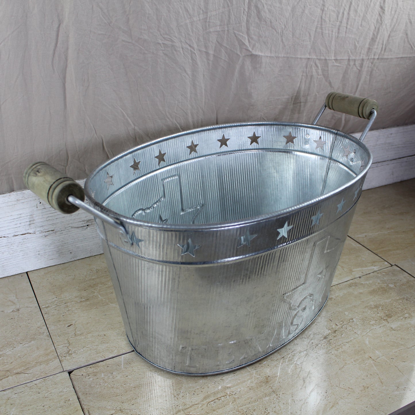24" TEXAS BUCKET SILVER METAL OVAL TUB BEVERAGE HOLDER WESTERN HOME DECOR HANDMADE NEW #EH12495