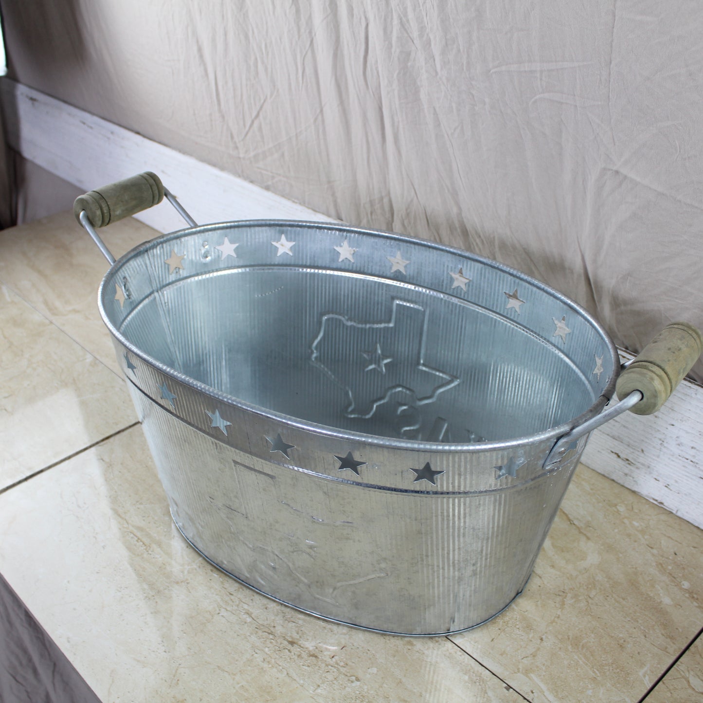 24" TEXAS BUCKET SILVER METAL OVAL TUB BEVERAGE HOLDER WESTERN HOME DECOR HANDMADE NEW #EH12495