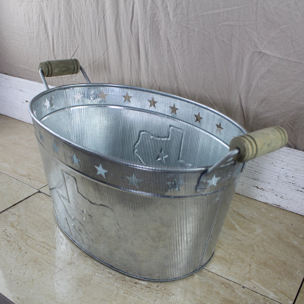 24" TEXAS BUCKET SILVER METAL OVAL TUB BEVERAGE HOLDER WESTERN HOME DECOR HANDMADE NEW #EH12495