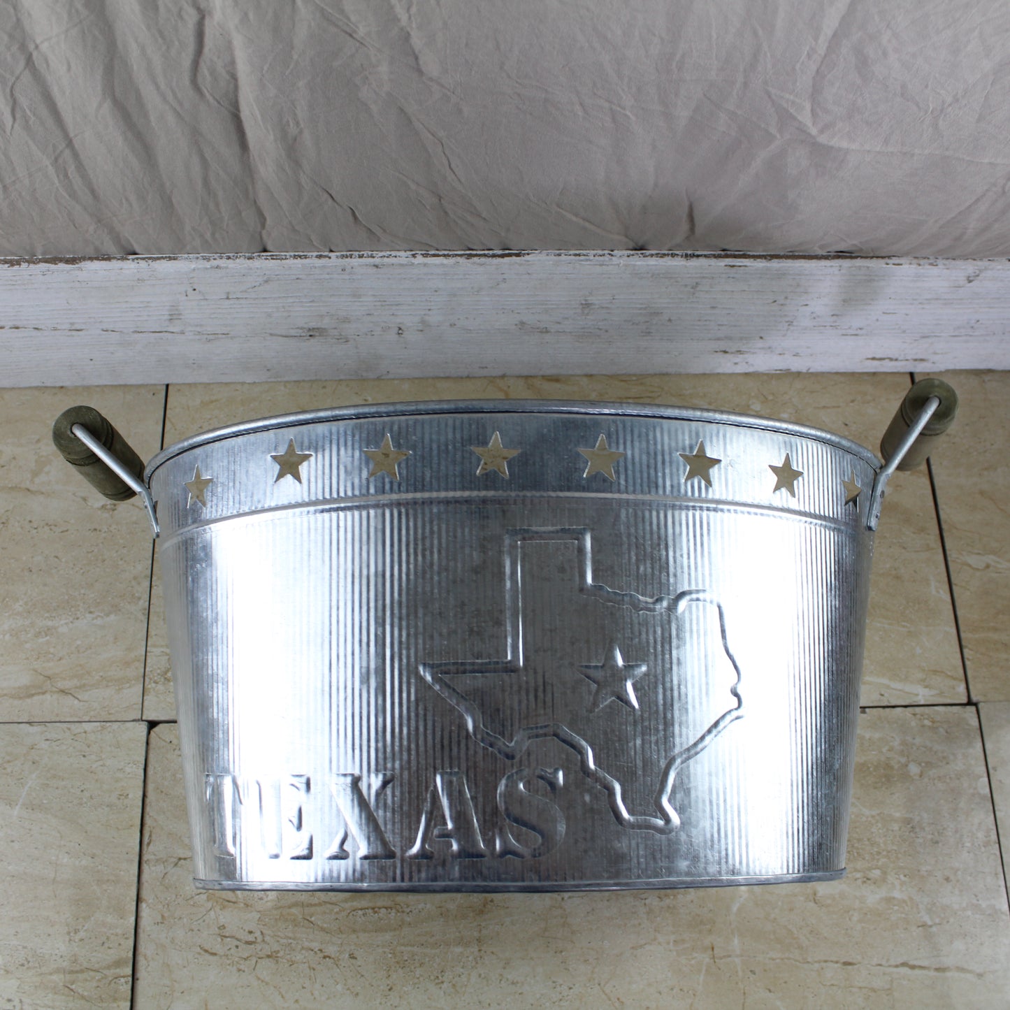 24" TEXAS BUCKET SILVER METAL OVAL TUB BEVERAGE HOLDER WESTERN HOME DECOR HANDMADE NEW #EH12495