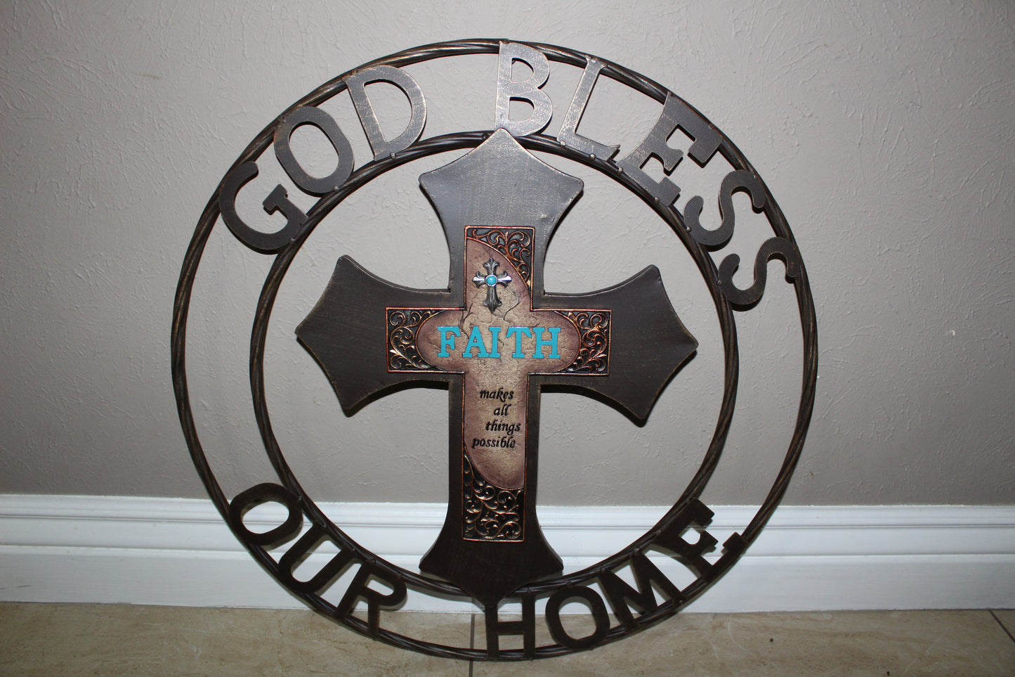 FAITH CROSS 24" GOD BLESS OUR HOME METAL SIGN WITH RESIN CROSS WALL DECOR WESTERN HOME DECOR NEW HANDMADE #EH12944