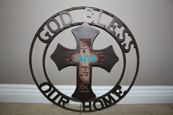 FAITH CROSS 24" GOD BLESS OUR HOME METAL SIGN WITH RESIN CROSS WALL DECOR WESTERN HOME DECOR NEW HANDMADE #EH12944