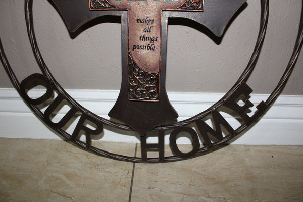 FAITH CROSS 24" GOD BLESS OUR HOME METAL SIGN WITH RESIN CROSS WALL DECOR WESTERN HOME DECOR NEW HANDMADE #EH12944