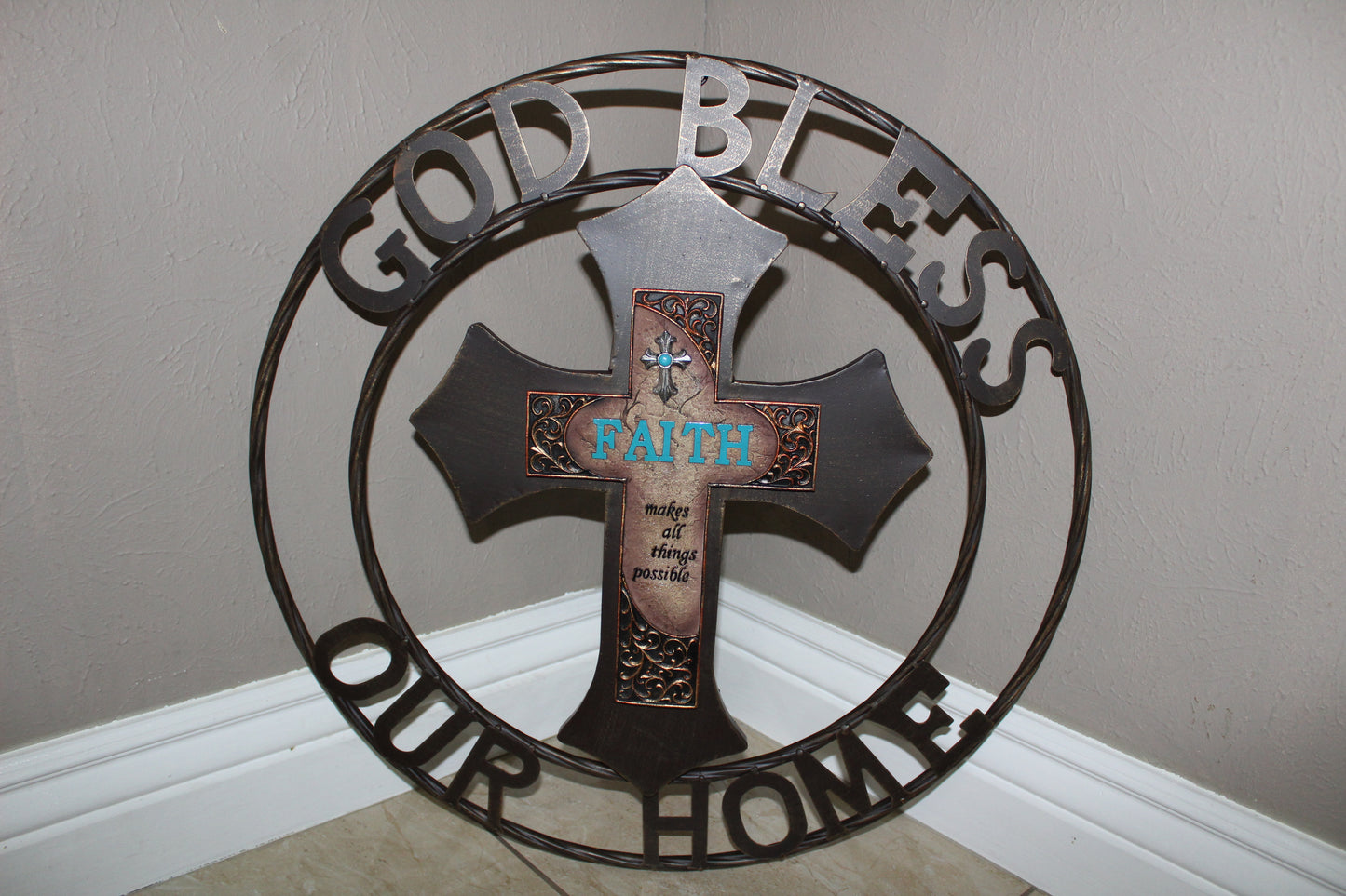 FAITH CROSS 24" GOD BLESS OUR HOME METAL SIGN WITH RESIN CROSS WALL DECOR WESTERN HOME DECOR NEW HANDMADE #EH12944