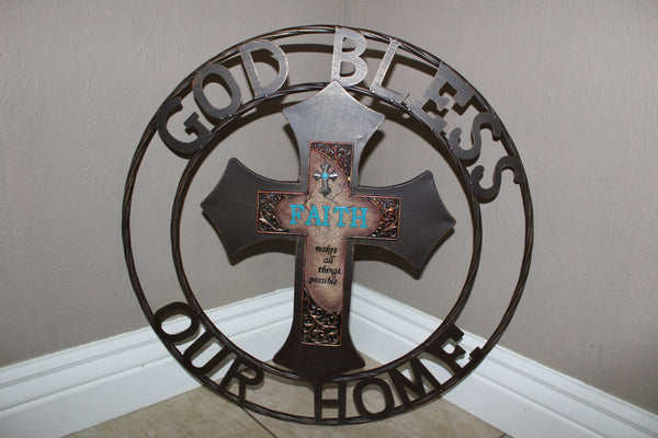 FAITH CROSS 24" GOD BLESS OUR HOME METAL SIGN WITH RESIN CROSS WALL DECOR WESTERN HOME DECOR NEW HANDMADE #EH12944