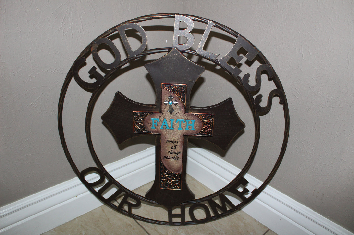 FAITH CROSS 24" GOD BLESS OUR HOME METAL SIGN WITH RESIN CROSS WALL DECOR WESTERN HOME DECOR NEW HANDMADE #EH12944