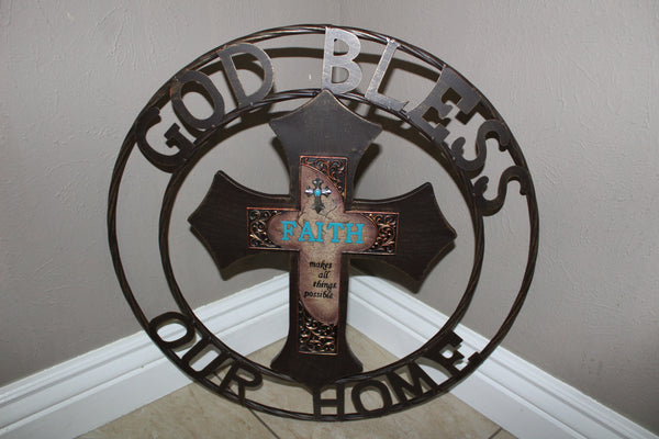 FAITH CROSS 24" GOD BLESS OUR HOME METAL SIGN WITH RESIN CROSS WALL DECOR WESTERN HOME DECOR NEW HANDMADE #EH12944