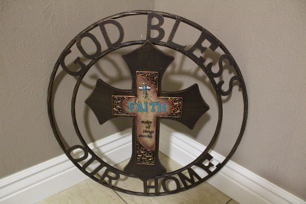 FAITH CROSS 24" GOD BLESS OUR HOME METAL SIGN WITH RESIN CROSS WALL DECOR WESTERN HOME DECOR NEW HANDMADE #EH12944