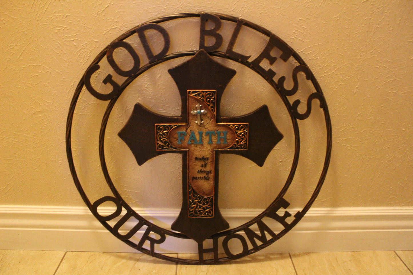 FAITH CROSS 24" GOD BLESS OUR HOME METAL SIGN WITH RESIN CROSS WALL DECOR WESTERN HOME DECOR NEW HANDMADE #EH12944
