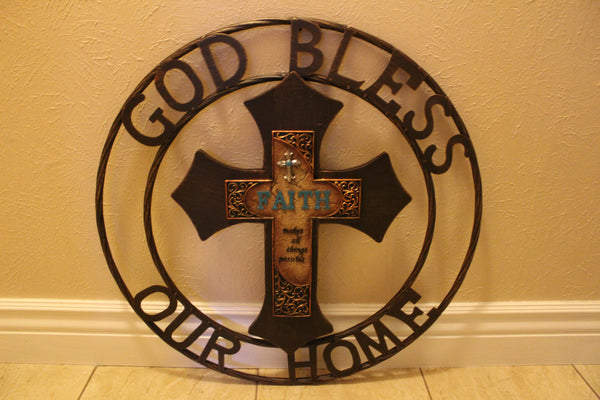 FAITH CROSS 24" GOD BLESS OUR HOME METAL SIGN WITH RESIN CROSS WALL DECOR WESTERN HOME DECOR NEW HANDMADE #EH12944