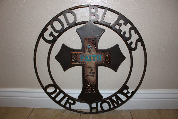 FAITH CROSS 24" GOD BLESS OUR HOME METAL SIGN WITH RESIN CROSS WALL DECOR WESTERN HOME DECOR NEW HANDMADE #EH12944