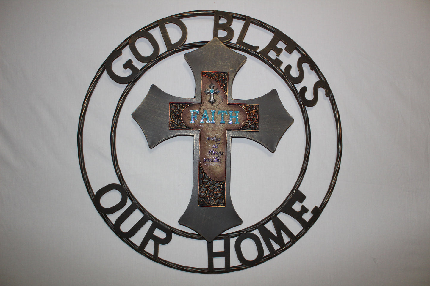 FAITH CROSS 24" GOD BLESS OUR HOME METAL SIGN WITH RESIN CROSS WALL DECOR WESTERN HOME DECOR NEW HANDMADE #EH12944