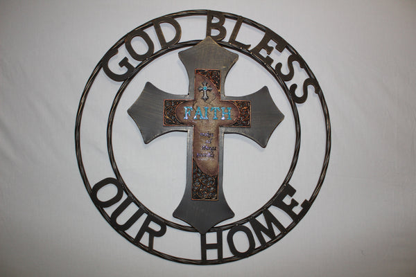 FAITH CROSS 24" GOD BLESS OUR HOME METAL SIGN WITH RESIN CROSS WALL DECOR WESTERN HOME DECOR NEW HANDMADE #EH12944
