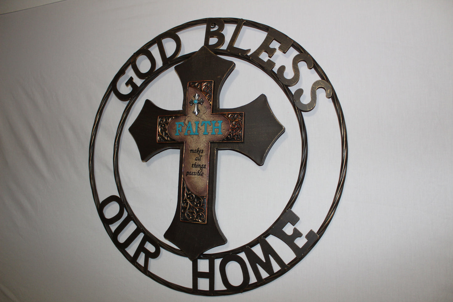 FAITH CROSS 24" GOD BLESS OUR HOME METAL SIGN WITH RESIN CROSS WALL DECOR WESTERN HOME DECOR NEW HANDMADE #EH12944