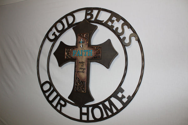 FAITH CROSS 24" GOD BLESS OUR HOME METAL SIGN WITH RESIN CROSS WALL DECOR WESTERN HOME DECOR NEW HANDMADE #EH12944