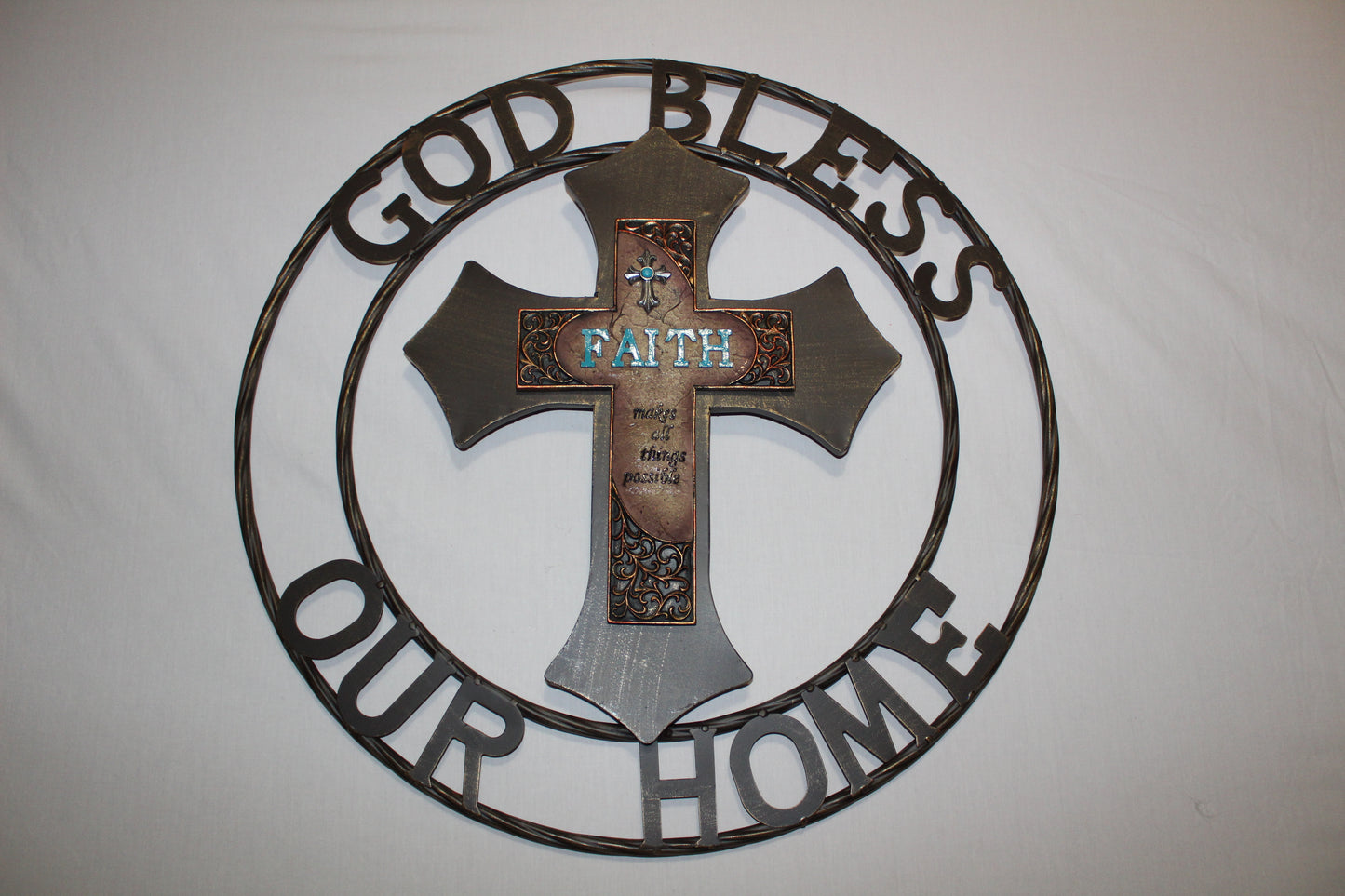 FAITH CROSS 24" GOD BLESS OUR HOME METAL SIGN WITH RESIN CROSS WALL DECOR WESTERN HOME DECOR NEW HANDMADE #EH12944