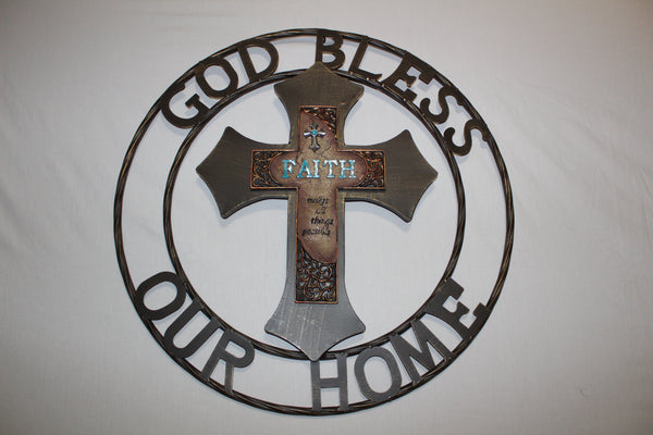 FAITH CROSS 24" GOD BLESS OUR HOME METAL SIGN WITH RESIN CROSS WALL DECOR WESTERN HOME DECOR NEW HANDMADE #EH12944
