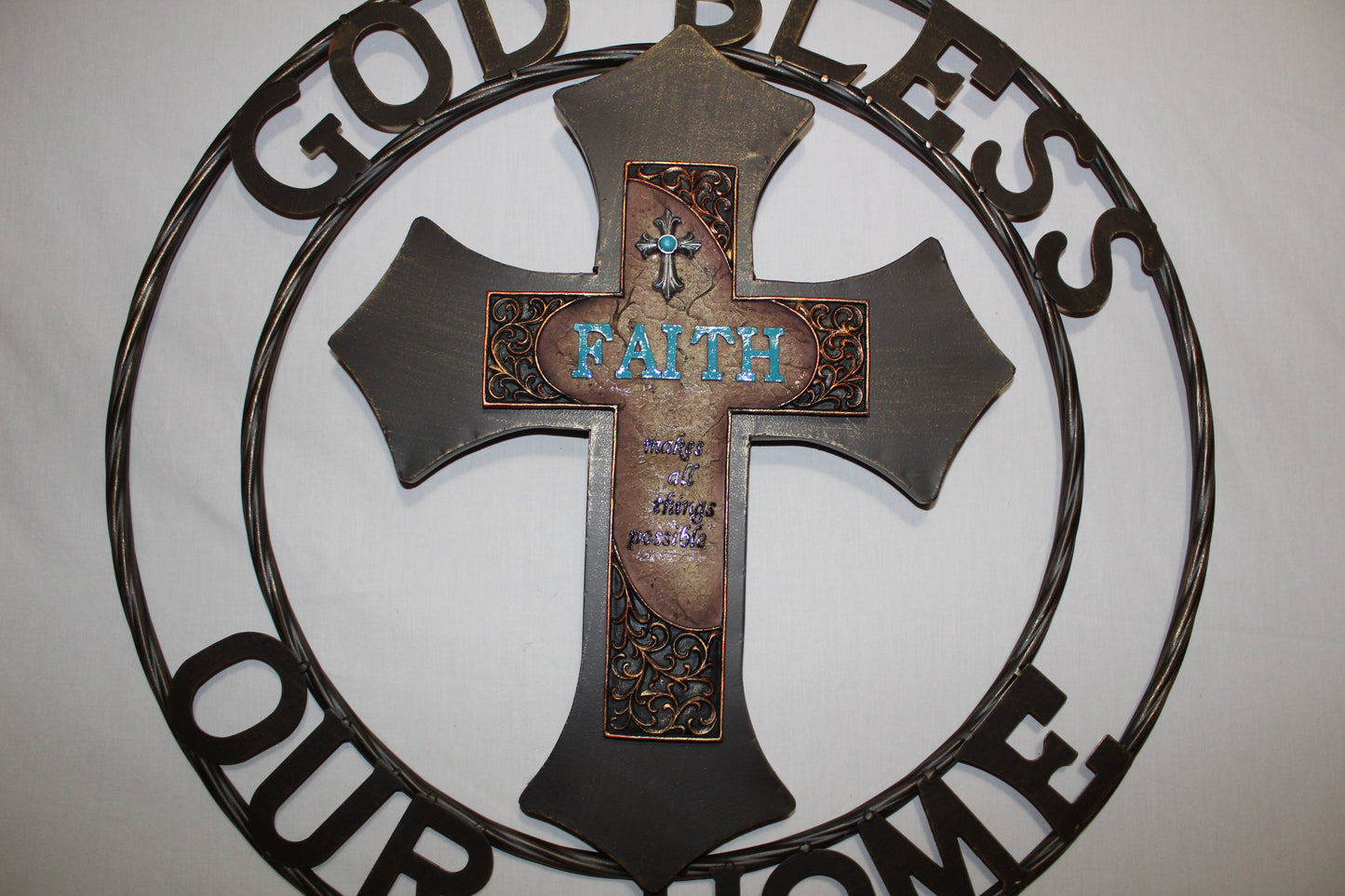FAITH CROSS 24" GOD BLESS OUR HOME METAL SIGN WITH RESIN CROSS WALL DECOR WESTERN HOME DECOR NEW HANDMADE #EH12944
