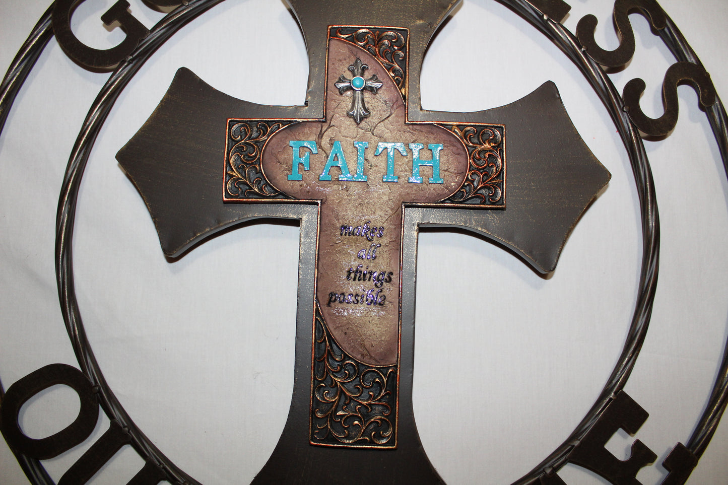 FAITH CROSS 24" GOD BLESS OUR HOME METAL SIGN WITH RESIN CROSS WALL DECOR WESTERN HOME DECOR NEW HANDMADE #EH12944