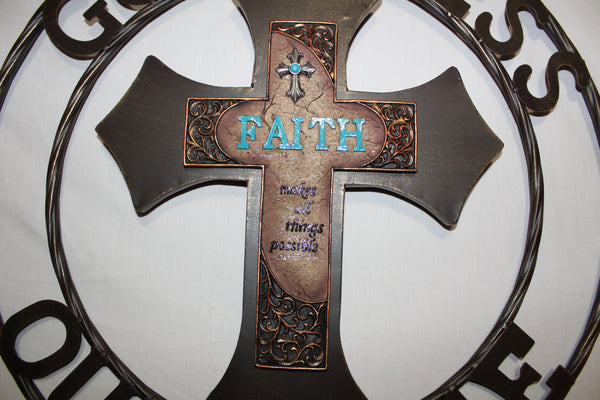 FAITH CROSS 24" GOD BLESS OUR HOME METAL SIGN WITH RESIN CROSS WALL DECOR WESTERN HOME DECOR NEW HANDMADE #EH12944