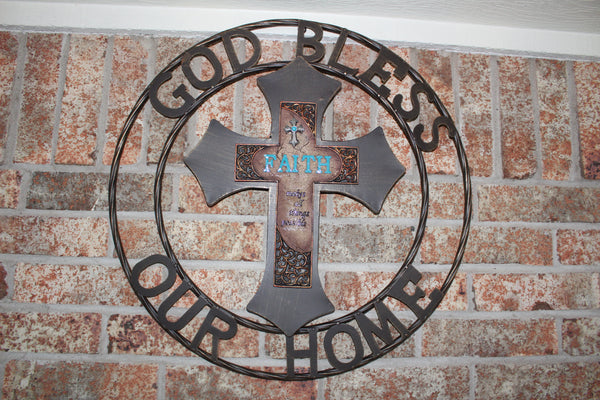 FAITH CROSS 24" GOD BLESS OUR HOME METAL SIGN WITH RESIN CROSS WALL DECOR WESTERN HOME DECOR NEW HANDMADE #EH12944