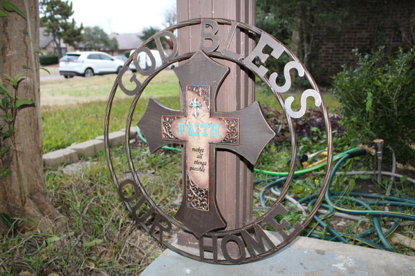 FAITH CROSS 24" GOD BLESS OUR HOME METAL SIGN WITH RESIN CROSS WALL DECOR WESTERN HOME DECOR NEW HANDMADE #EH12944