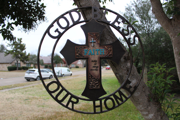 FAITH CROSS 24" GOD BLESS OUR HOME METAL SIGN WITH RESIN CROSS WALL DECOR WESTERN HOME DECOR NEW HANDMADE #EH12944