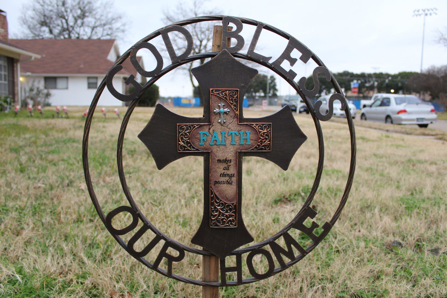 FAITH CROSS 24" GOD BLESS OUR HOME METAL SIGN WITH RESIN CROSS WALL DECOR WESTERN HOME DECOR NEW HANDMADE #EH12944