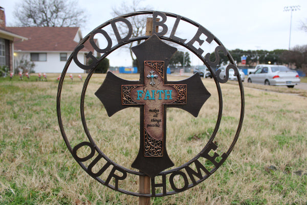 FAITH CROSS 24" GOD BLESS OUR HOME METAL SIGN WITH RESIN CROSS WALL DECOR WESTERN HOME DECOR NEW HANDMADE #EH12944