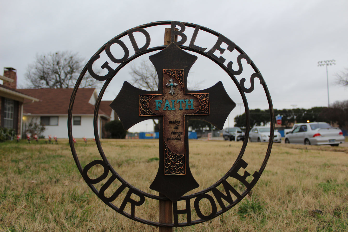 FAITH CROSS 24" GOD BLESS OUR HOME METAL SIGN WITH RESIN CROSS WALL DECOR WESTERN HOME DECOR NEW HANDMADE #EH12944
