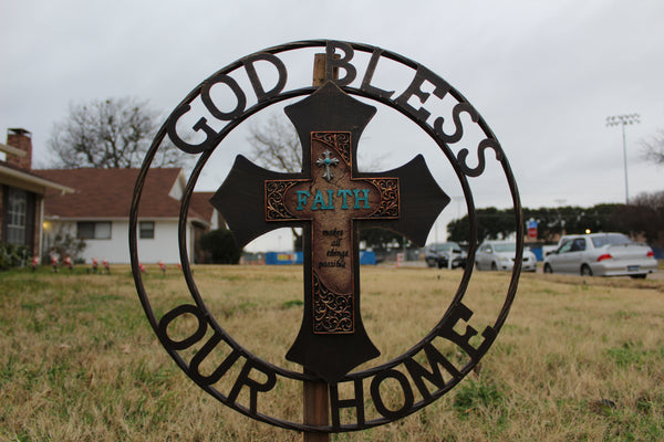 FAITH CROSS 24" GOD BLESS OUR HOME METAL SIGN WITH RESIN CROSS WALL DECOR WESTERN HOME DECOR NEW HANDMADE #EH12944