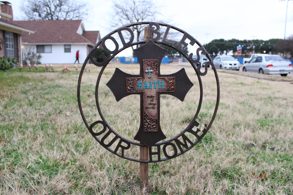 FAITH CROSS 24" GOD BLESS OUR HOME METAL SIGN WITH RESIN CROSS WALL DECOR WESTERN HOME DECOR NEW HANDMADE #EH12944