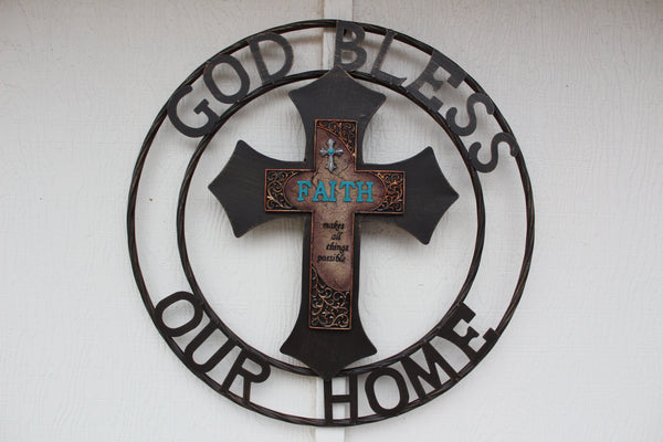 FAITH CROSS 24" GOD BLESS OUR HOME METAL SIGN WITH RESIN CROSS WALL DECOR WESTERN HOME DECOR NEW HANDMADE #EH12944