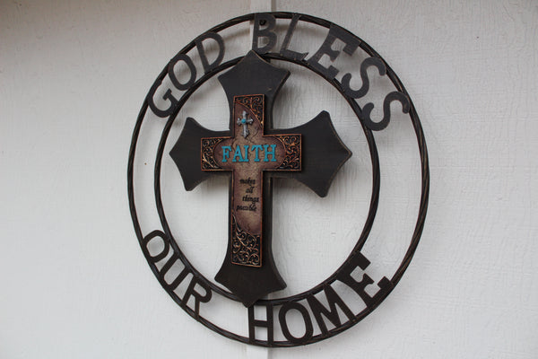 FAITH CROSS 24" GOD BLESS OUR HOME METAL SIGN WITH RESIN CROSS WALL DECOR WESTERN HOME DECOR NEW HANDMADE #EH12944