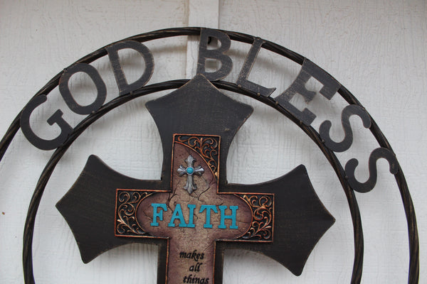 FAITH CROSS 24" GOD BLESS OUR HOME METAL SIGN WITH RESIN CROSS WALL DECOR WESTERN HOME DECOR NEW HANDMADE #EH12944