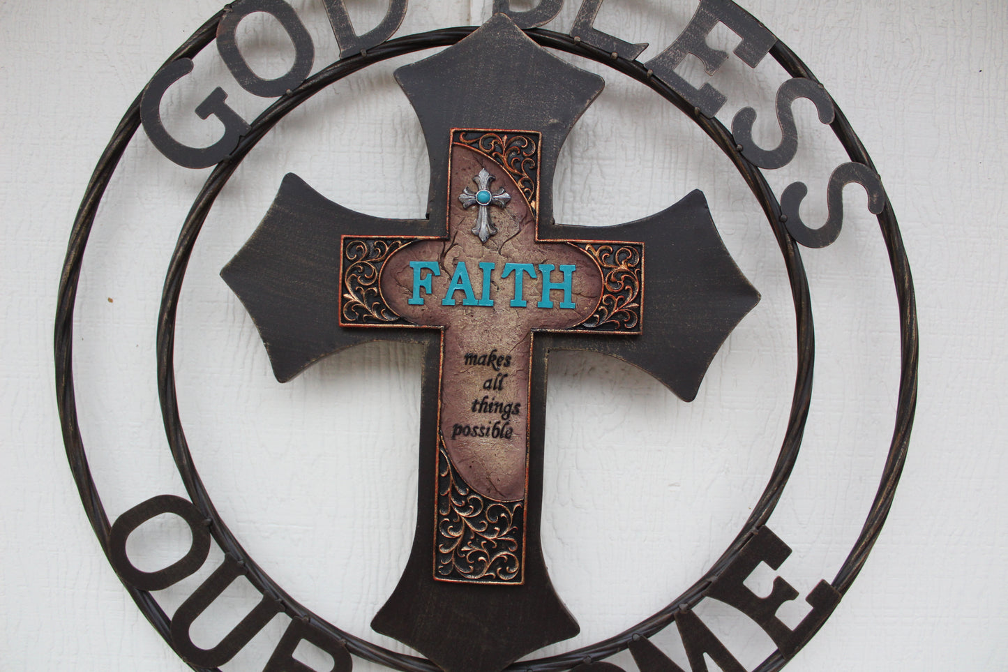 FAITH CROSS 24" GOD BLESS OUR HOME METAL SIGN WITH RESIN CROSS WALL DECOR WESTERN HOME DECOR NEW HANDMADE #EH12944