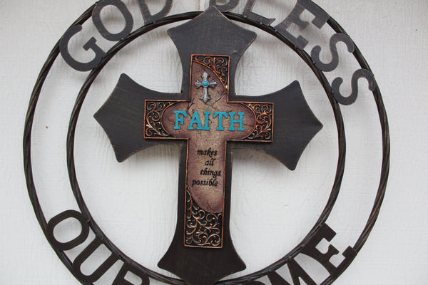FAITH CROSS 24" GOD BLESS OUR HOME METAL SIGN WITH RESIN CROSS WALL DECOR WESTERN HOME DECOR NEW HANDMADE #EH12944