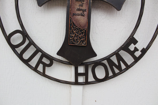FAITH CROSS 24" GOD BLESS OUR HOME METAL SIGN WITH RESIN CROSS WALL DECOR WESTERN HOME DECOR NEW HANDMADE #EH12944