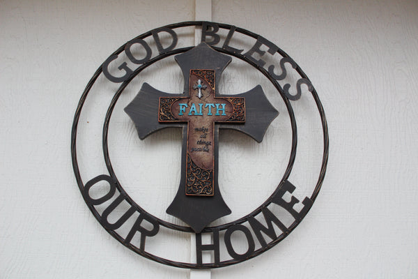FAITH CROSS 24" GOD BLESS OUR HOME METAL SIGN WITH RESIN CROSS WALL DECOR WESTERN HOME DECOR NEW HANDMADE #EH12944