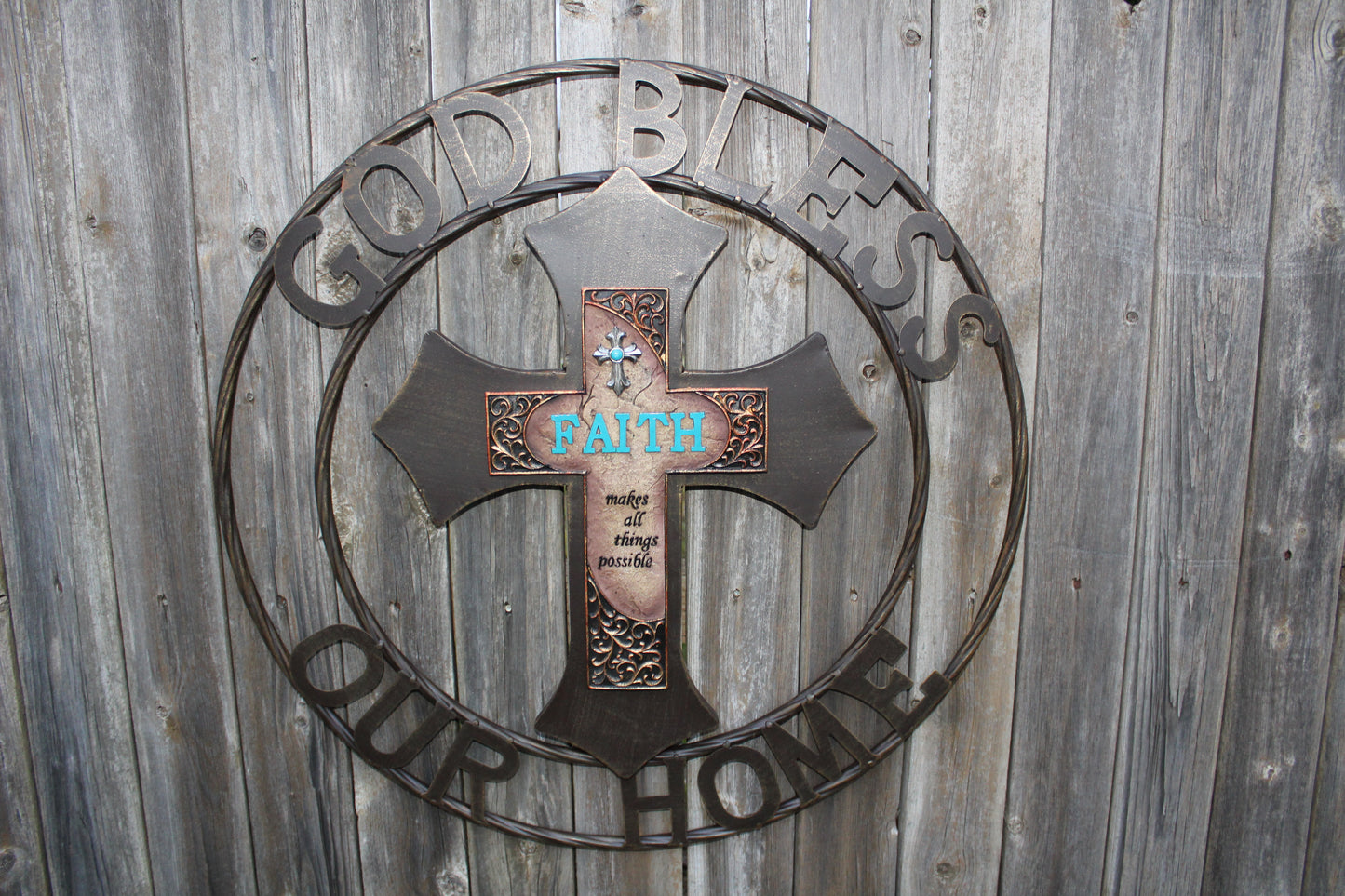 FAITH CROSS 24" GOD BLESS OUR HOME METAL SIGN WITH RESIN CROSS WALL DECOR WESTERN HOME DECOR NEW HANDMADE #EH12944