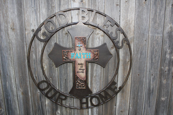 FAITH CROSS 24" GOD BLESS OUR HOME METAL SIGN WITH RESIN CROSS WALL DECOR WESTERN HOME DECOR NEW HANDMADE #EH12944