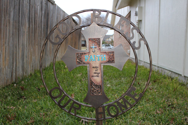 FAITH CROSS 24" GOD BLESS OUR HOME METAL SIGN WITH RESIN CROSS WALL DECOR WESTERN HOME DECOR NEW HANDMADE #EH12944