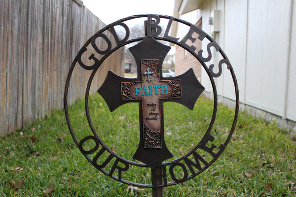 FAITH CROSS 24" GOD BLESS OUR HOME METAL SIGN WITH RESIN CROSS WALL DECOR WESTERN HOME DECOR NEW HANDMADE #EH12944