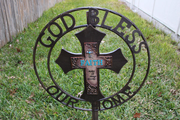 FAITH CROSS 24" GOD BLESS OUR HOME METAL SIGN WITH RESIN CROSS WALL DECOR WESTERN HOME DECOR NEW HANDMADE #EH12944