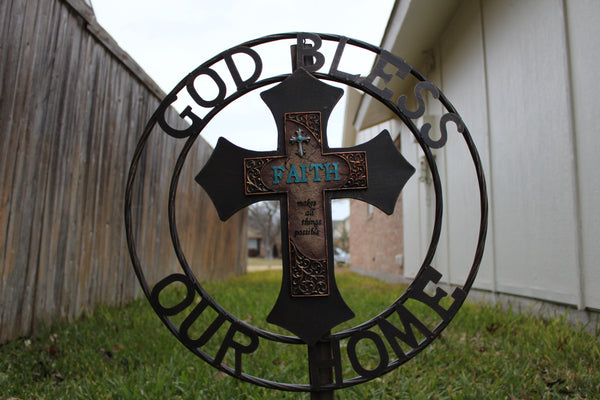 FAITH CROSS 24" GOD BLESS OUR HOME METAL SIGN WITH RESIN CROSS WALL DECOR WESTERN HOME DECOR NEW HANDMADE #EH12944